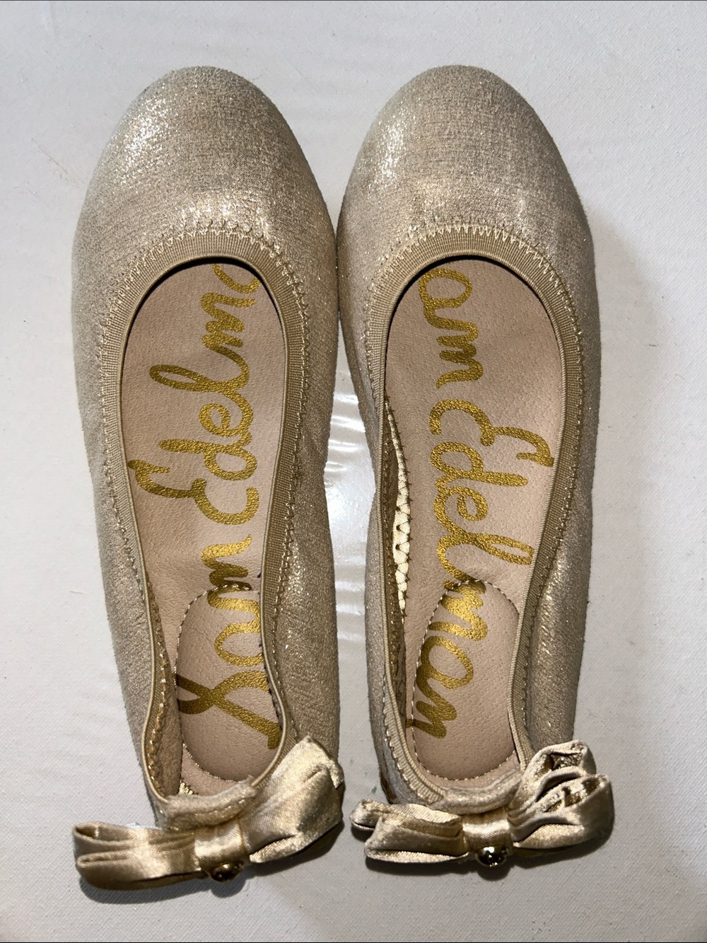 Sam Edelman Felisha Champagne Glitter Ballet Flats with Bow Accent
